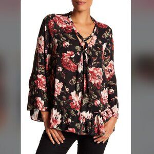 Pleione Floral Blouse with tie neckline in Black and Red